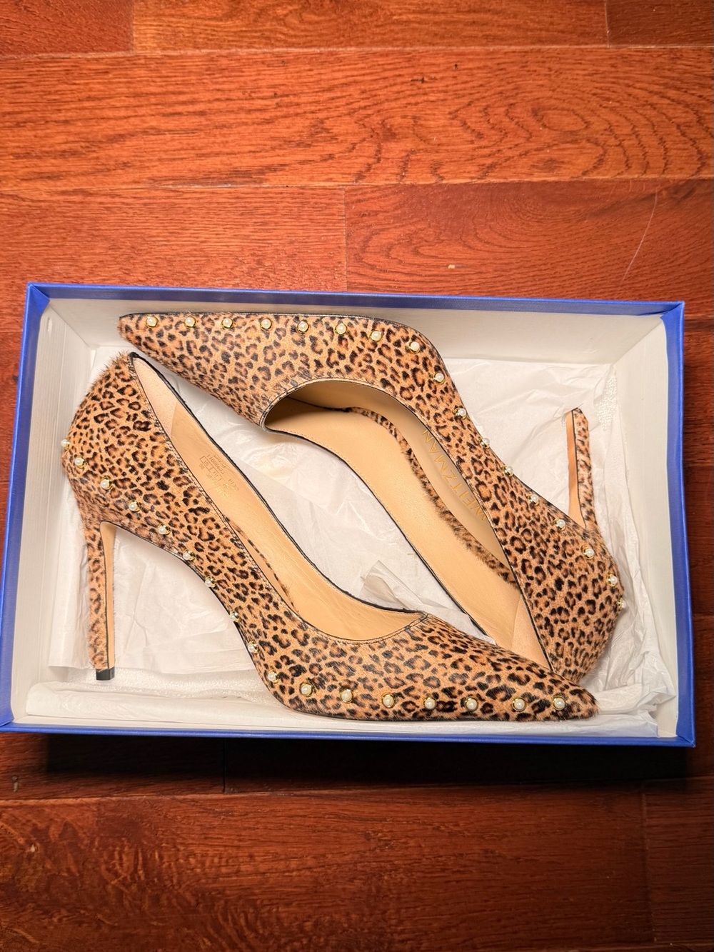 Stuart Weitzman Leopard-Print Pointed Toe Studded Pumps - Tan/Black - Picture 2 of 7